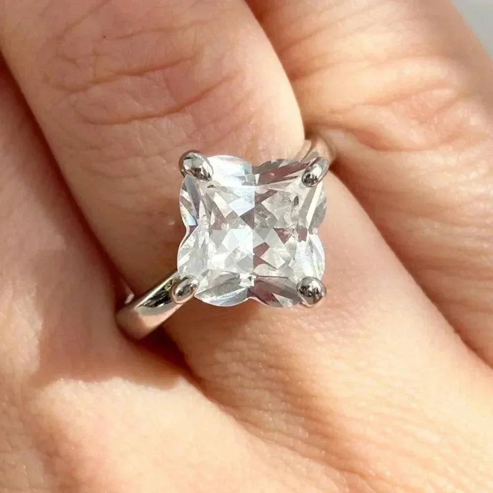 Clover Cut Sterling Silver Solitaire Vintage Statement Engagement CZ Ring - sz 7